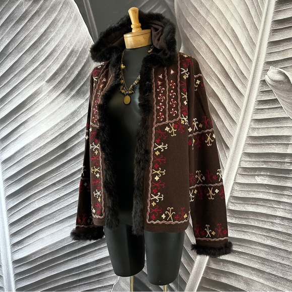 Bohemian Boho L Sweater Cardigan Shacket Merino Wool Rabbit Fut Brown Red Gold - Picture 2 of 16